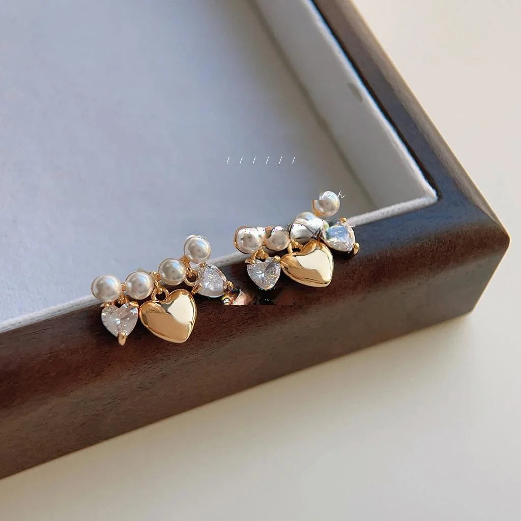 Light Luxury Curved Pearl Heart Stud Earrings Micro Pave Zircon Copper Silver Plated Posts