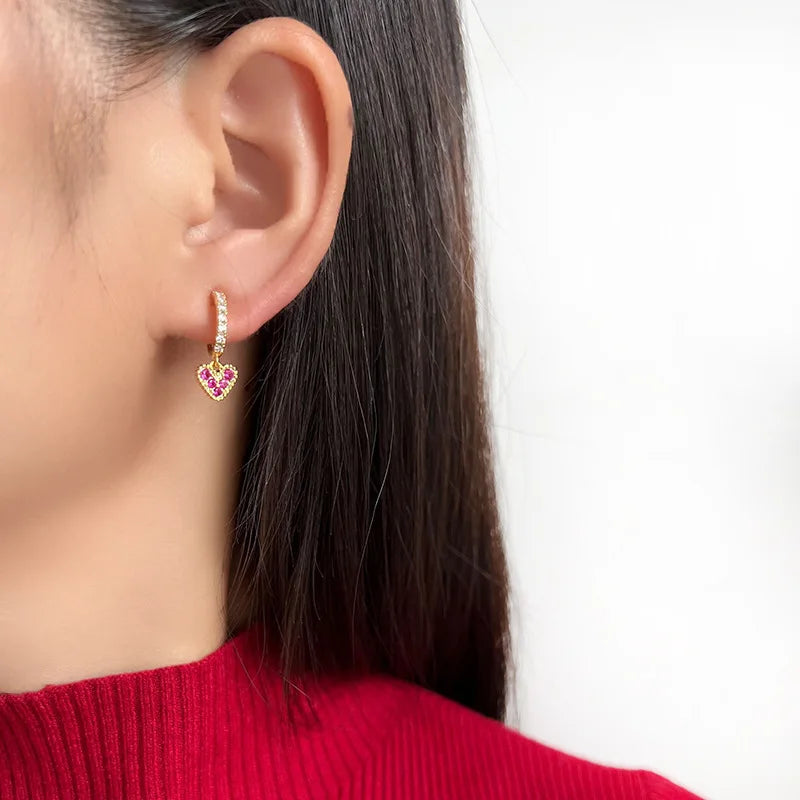 Luxury Red Rhinestone Heart Dangle Stud & Clip On No Piercing Gold Alloy Hoop Ear Cuff Earrings