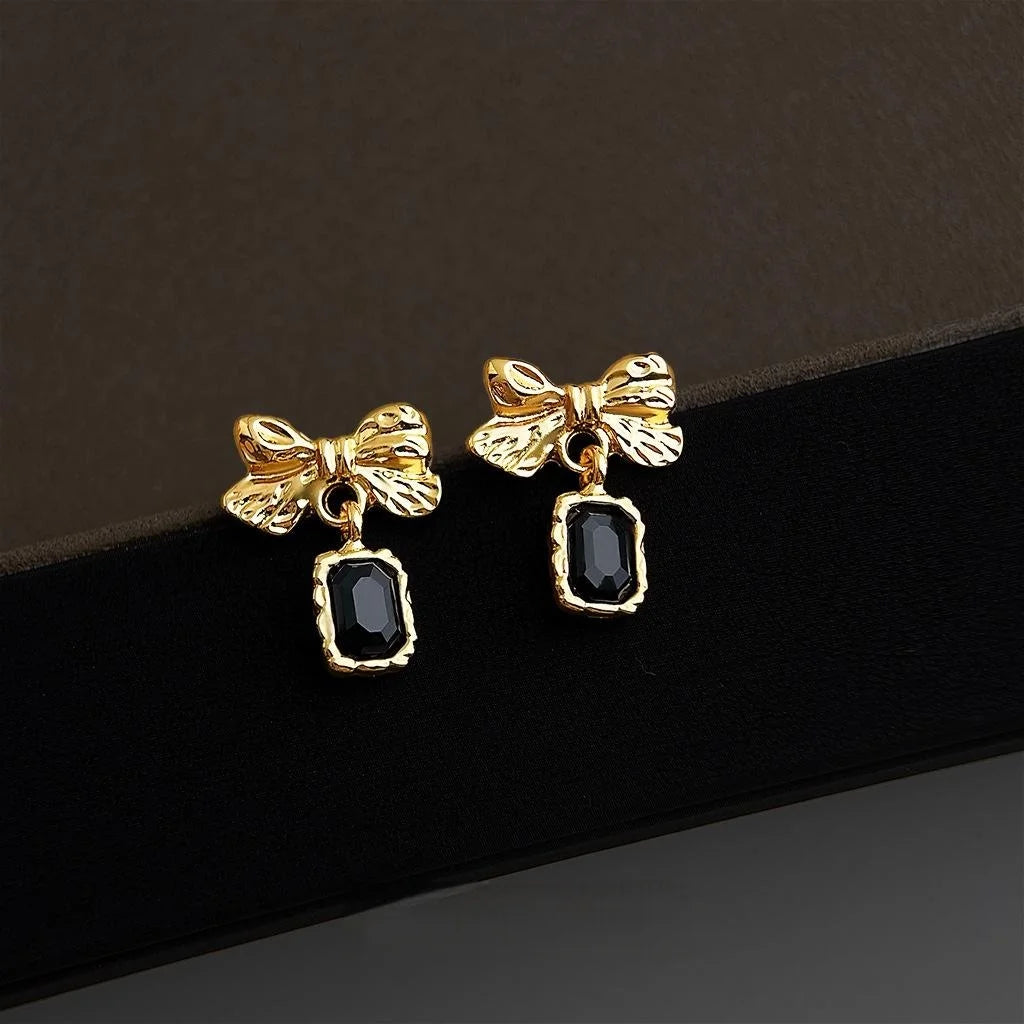 Sweet Cool 14K Plated Bow Glass Crystal Black Alloy Stud Earrings