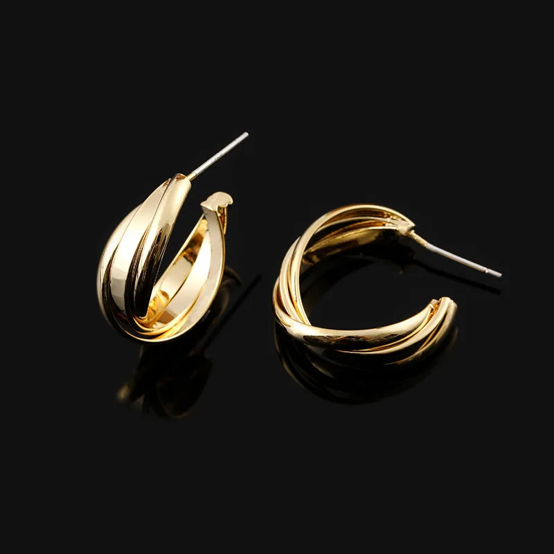 Vintage Gold Alloy Twisted Hoop Circle Stud & Clip On No Piercing Minimalist Metal Earrings