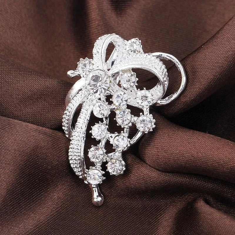 Elegant Silver Plated Rhinestone Bow Brooch, Sweet Butterfly Knot Lapel Pin Scarf Buckle Suit Accessory