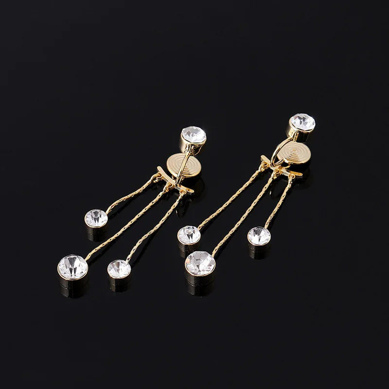 Elegant Rhinestone Spiral Alloy Chain Tassel Stud & Clip On No Piercing Back Hanging Earrings