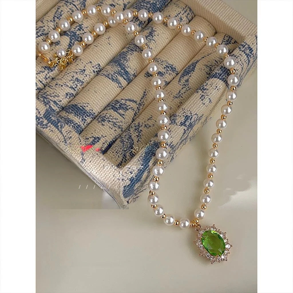 Glass Pearl Zircon Inlaid Geometric Collarbone Necklace For Women Elegant Sweater Chain