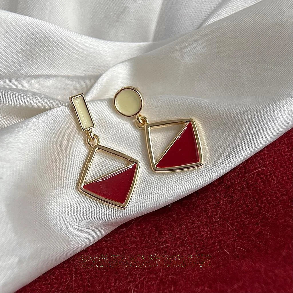 14K Gold Plated Red Contrast Square Geometric Hong Kong Retro Drop Earrings