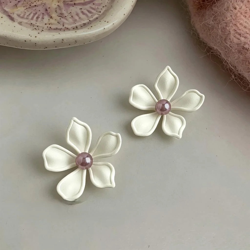 Resort Style Statement Enamel Big Flower Pearl Copper Drop Earrings For Women