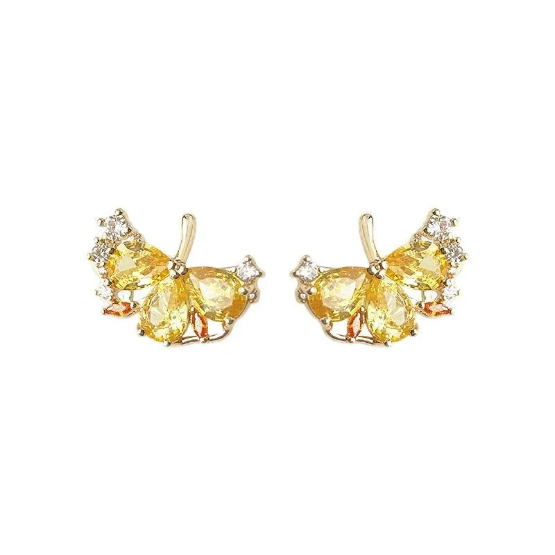 2025 New 14K Gold Plated Copper Ginkgo Leaf Zircon Stud Earrings For Fashion Office Wear