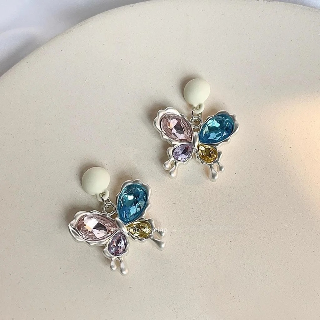 Sweet Cool Colorful Glass Crystal Butterfly Drop Earrings Candy Color Creative Student Jewelry
