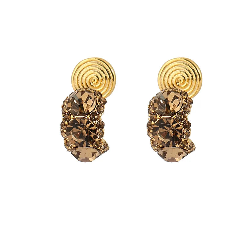 Luxury Coffee Brown Rhinestone C-Shaped Hoop Stud & Clip On No Piercing Elegant Crystal Earrings