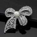Elegant Rhinestone Bow Brooch With White Pearl Center, Plated Alloy Lapel Pin Corsage Suit Accessory Gift
