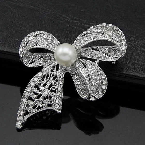 Elegant Rhinestone Bow Brooch With White Pearl Center, Plated Alloy Lapel Pin Corsage Suit Accessory Gift