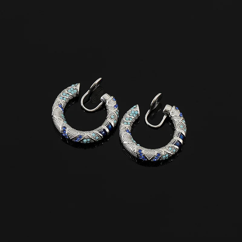 Vintage Blue Enamel Rhinestone Spiral Hoop Stud & Clip On No Piercing Luxury Statement Earrings