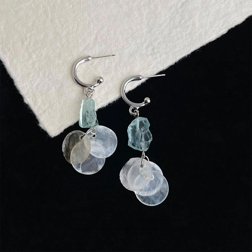 Premium Summer Natural Stone Blue Crystal Shell Geometric Tassel Drop Earrings