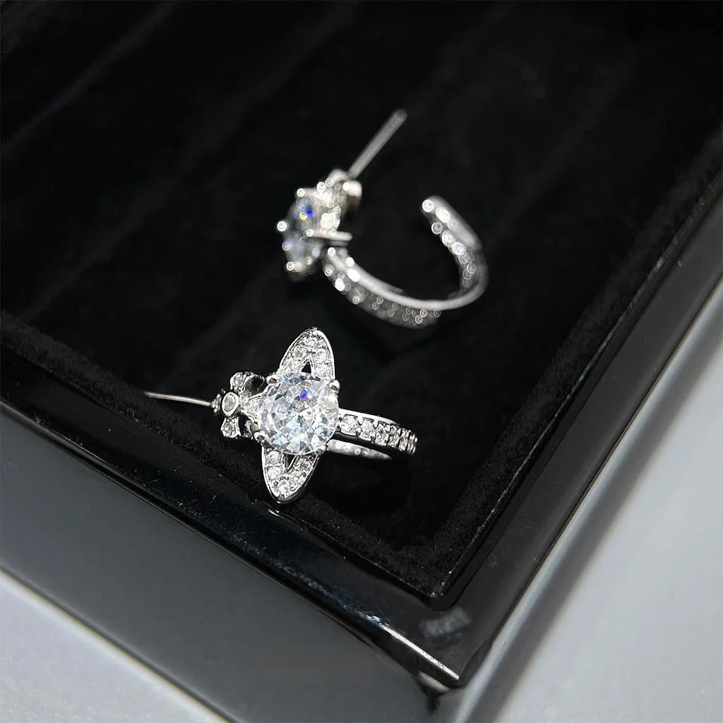Sparkly Copper Zircon Saturn Planet Star Stud Earrings Creative Style Jewelry