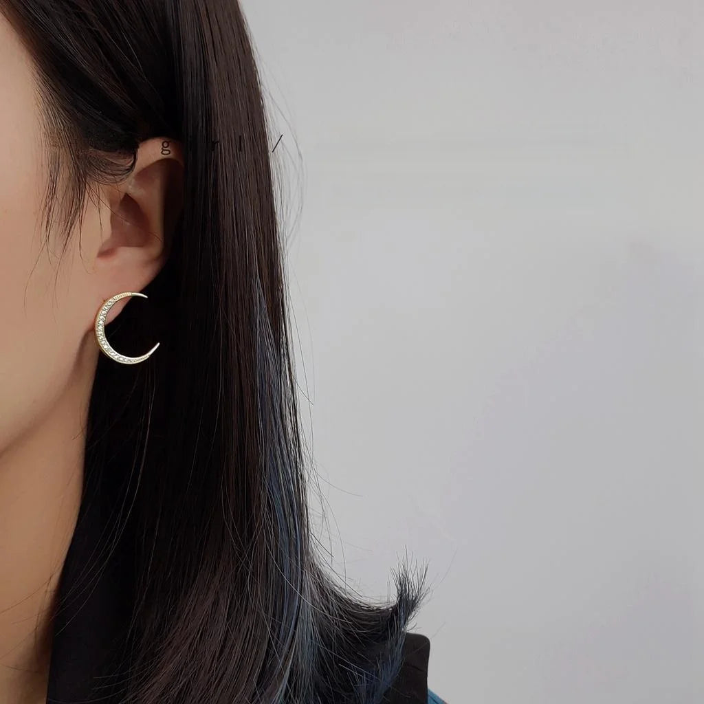 Asymmetric Star Moon Micro Pave Zircon Copper Stud Earrings For Women, Niche Geometric Fashion