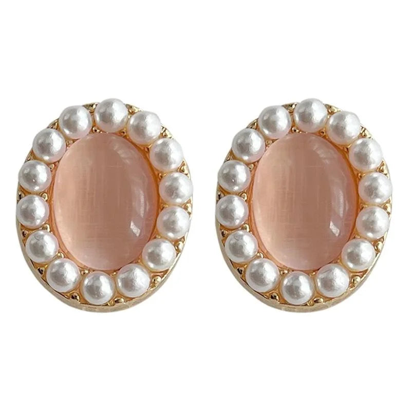 French Vintage 14K Plated Oval Glass Cat Eye Pearl Geometric Stud Earrings For Women