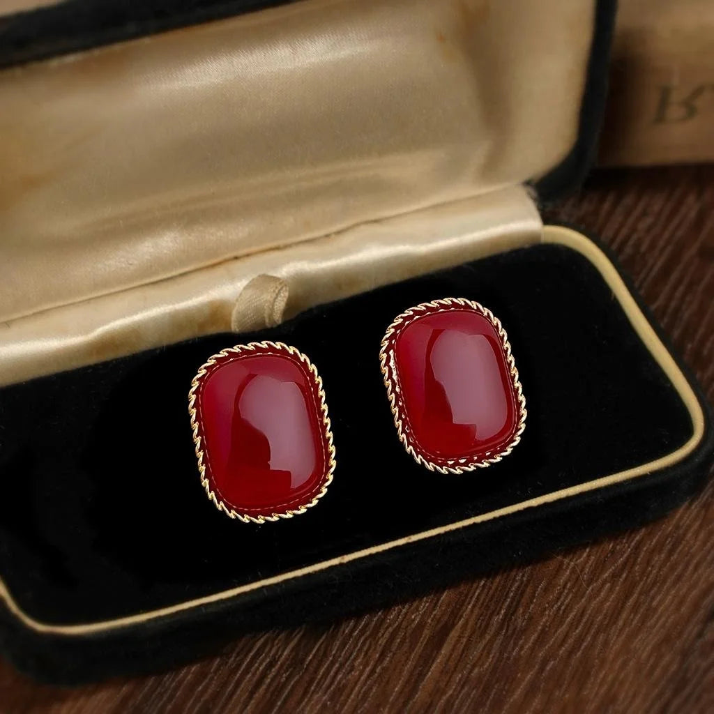 Vintage Hong Kong Style Burgundy Geometric Copper Stud Earrings