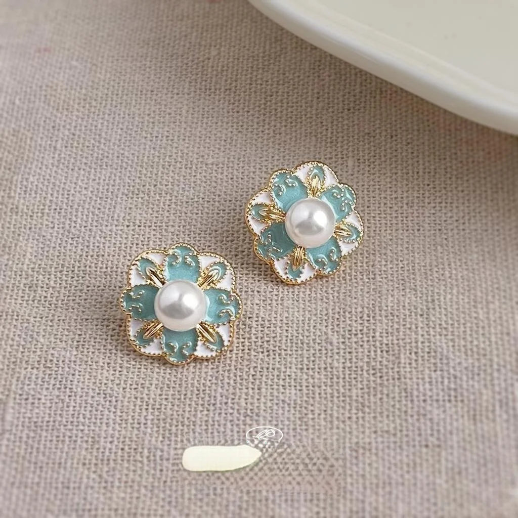 New Chinese Style Blue Enamel Geometric Floral Copper Stud Earrings