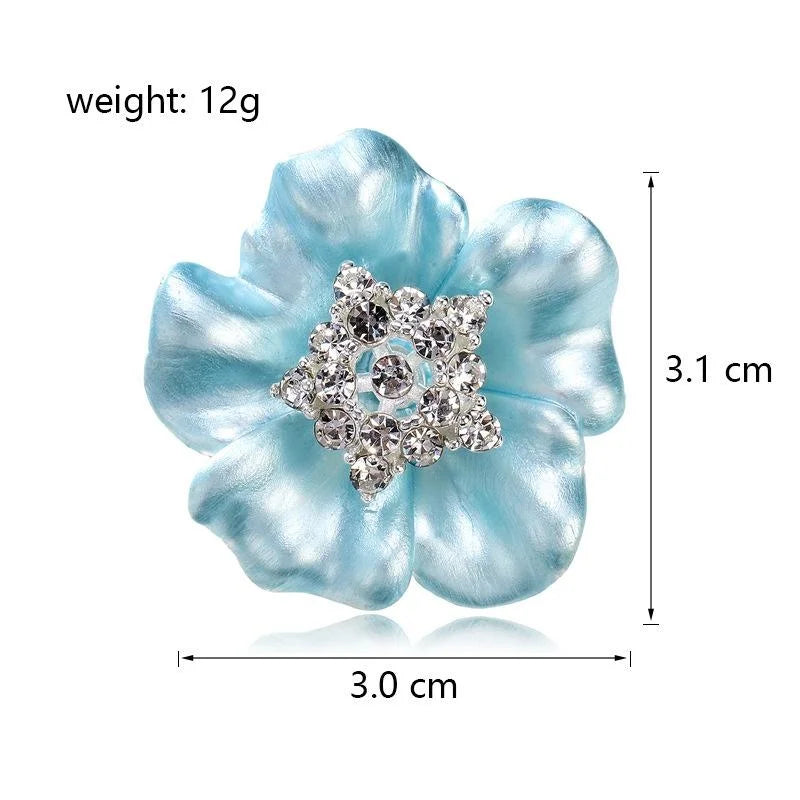 Elegant Blue Enamel Flower Brooch With Rhinestone Center, French Style Floral Lapel Pin Corsage Gift
