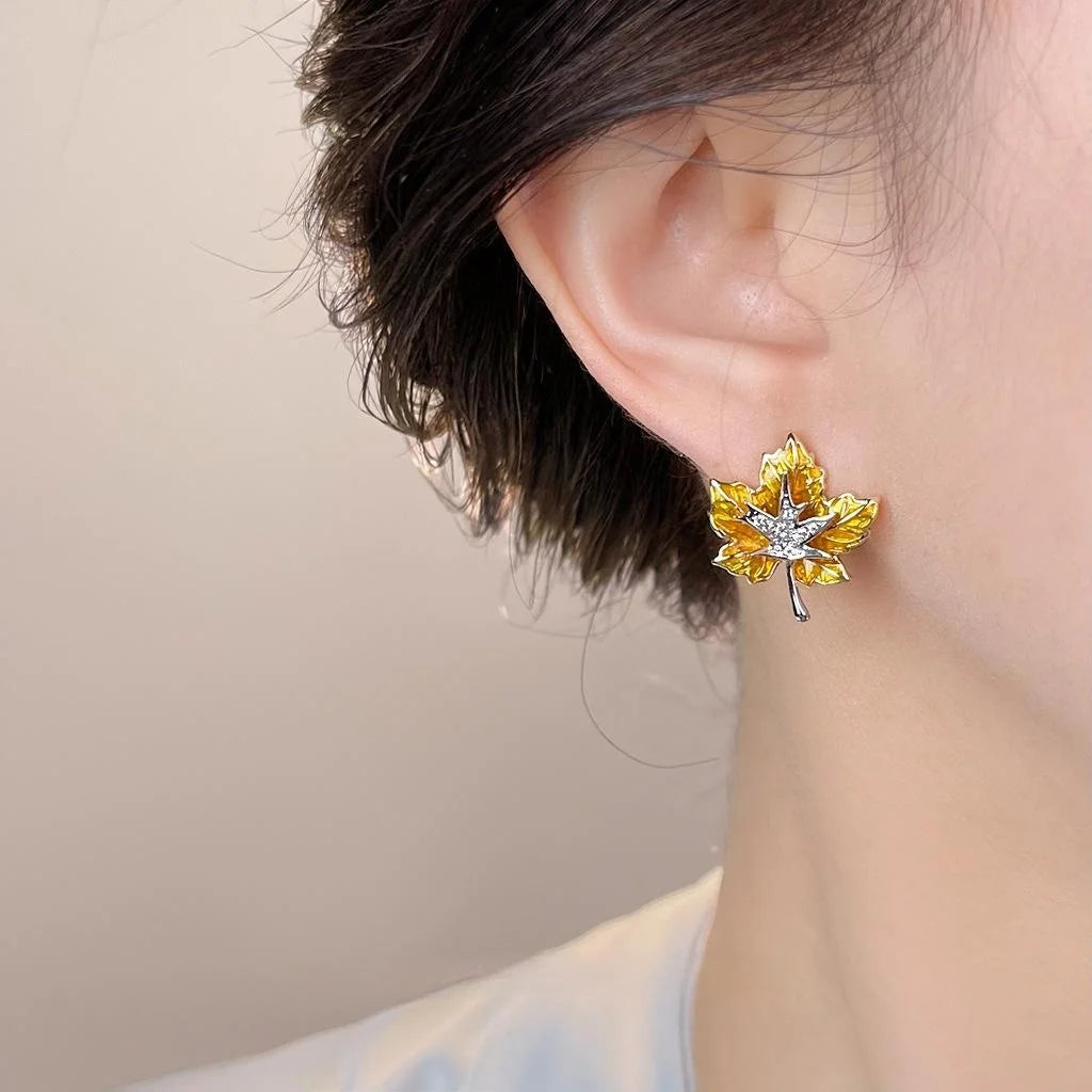 Elegant Two Tone Maple Leaf Enamel Zircon Copper Stud Earrings
