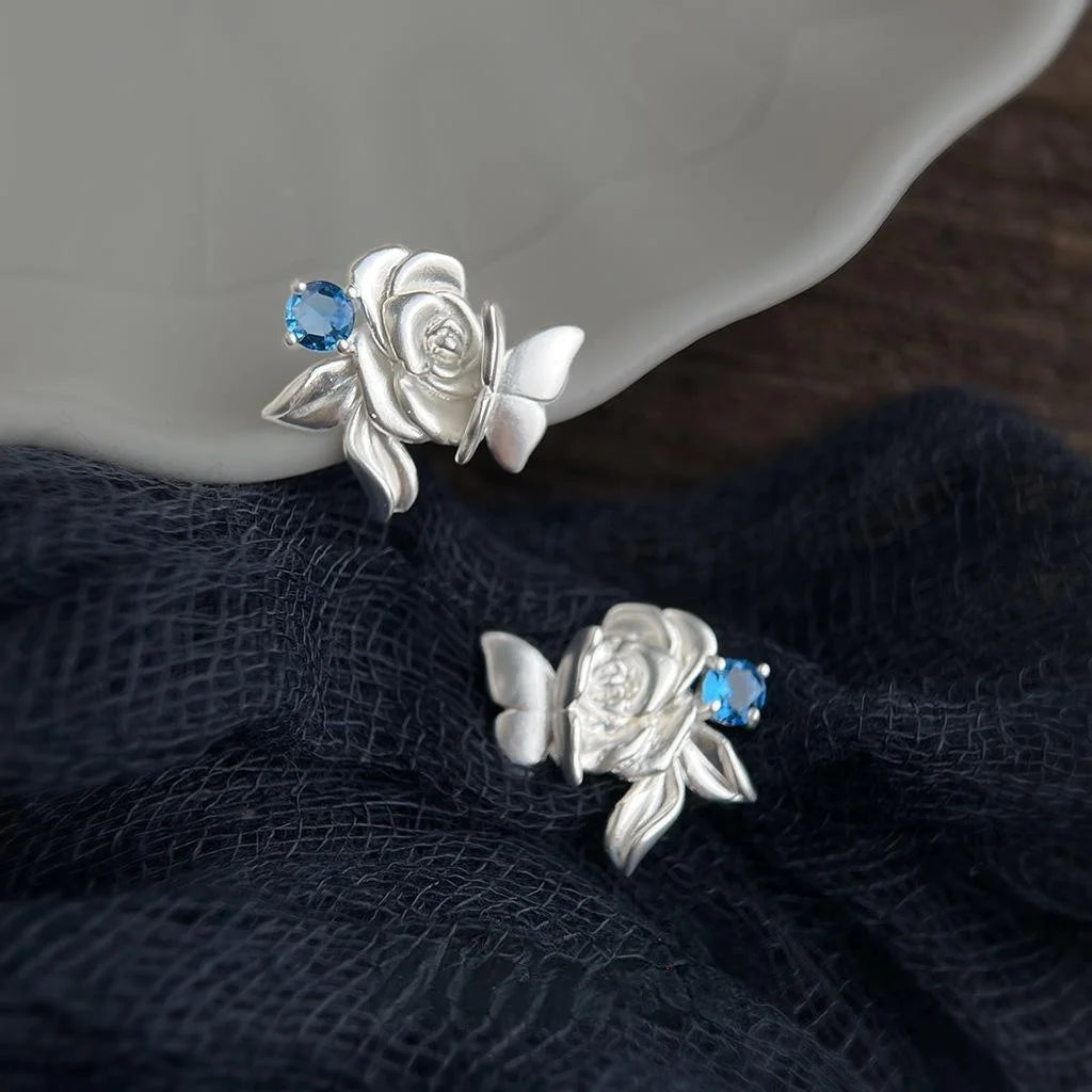 Copper Zircon Matte Butterfly Rose Flower New Chinese Style Stud Earrings