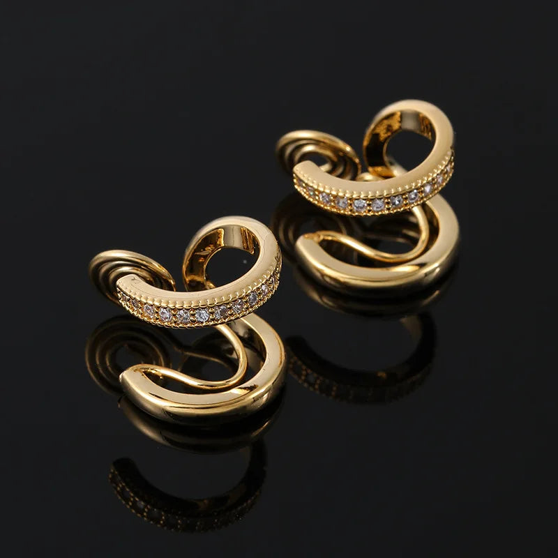 Elegant Gold Spiral Double Hoop Zircon Alloy Stud & Clip On No Piercing Minimalist Women Earrings