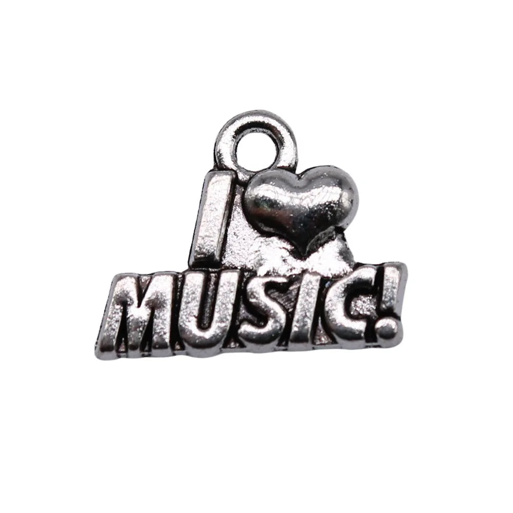 17x13mm 1.18g Antique Silver Zinc Alloy I Love Music Charm Pendant for DIY Music Theme Jewelry Making