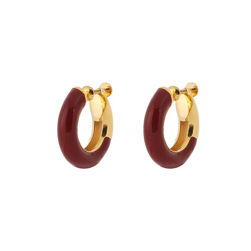 Vintage Red Enamel Gold Alloy Chunky Hoop Stud & Clip On No Piercing New Year Statement Earrings