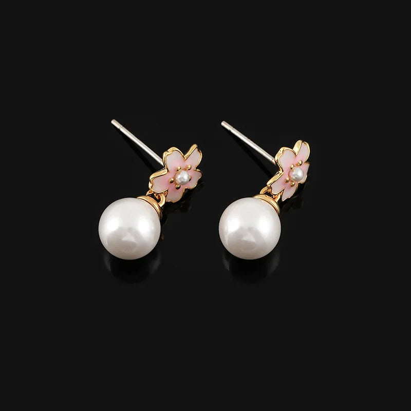 Elegant Pink Enamel Sakura Flower Pearl Drop Gold Alloy Stud & Clip On No Piercing Earrings