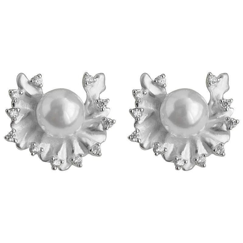 Micro Pave Zircon Pearl Ruffle Stud Earrings Copper Geometric Minimalist Office Jewelry