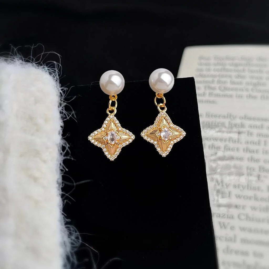 Premium Copper Micro Pave Zircon Glass Pearl Star Geometric Drop Earrings For Women