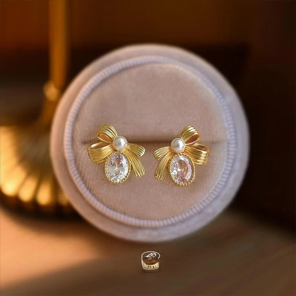 Luxury Bowknot Geometric Zircon Silver Plated Copper Pearl Stud Earrings for Women