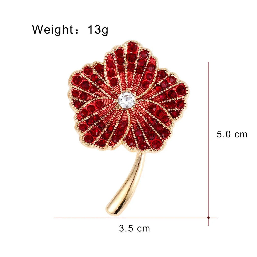 Luxury Red Poppy Flower Brooch With Rhinestone And Enamel, Gold Alloy Lapel Pin Corsage Gift