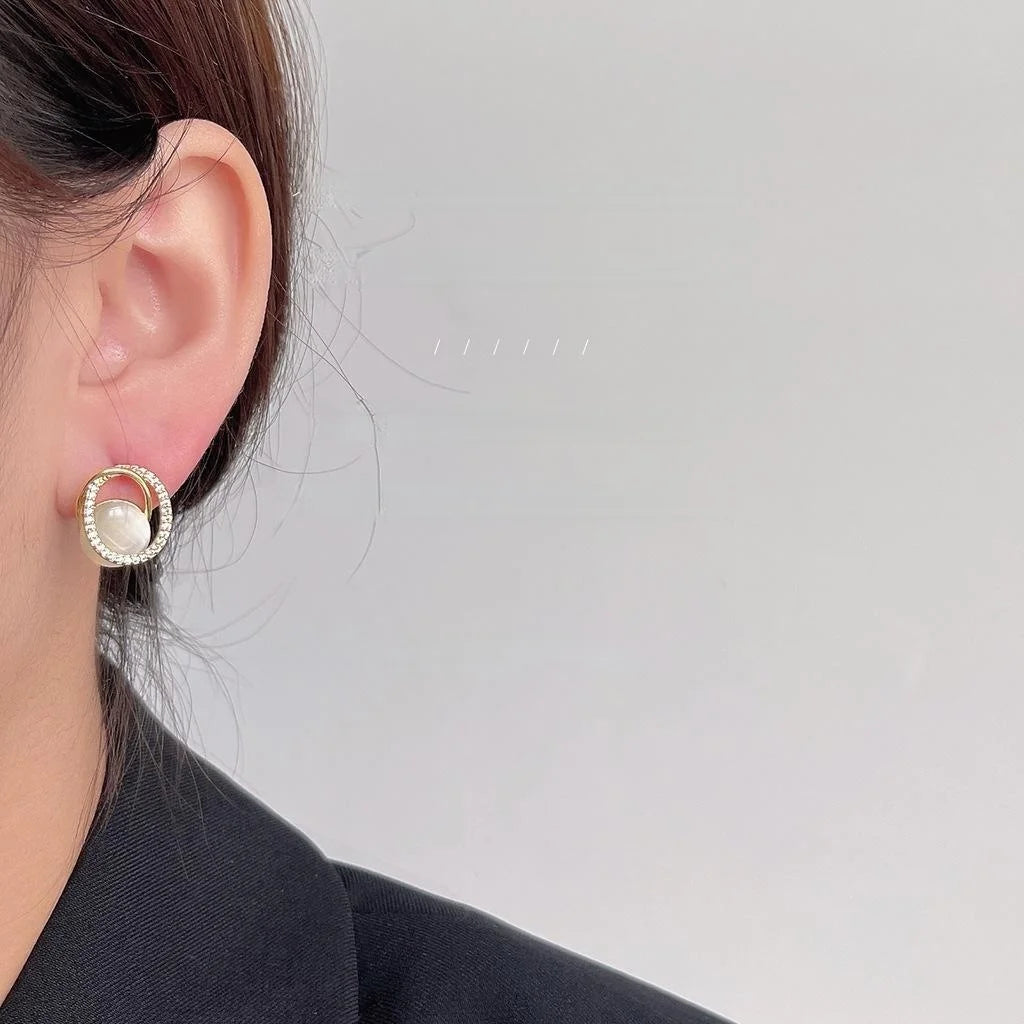 French Luxury Oval White Glass Cat Eye Stone Stud Earrings With Micro Pave Zircon Copper