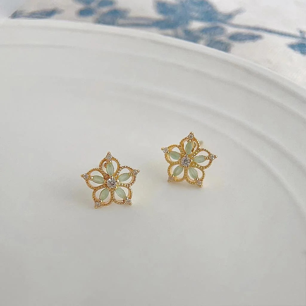 Silver Plated Copper Mini Flower Stud Earrings With Micro Pave Zircon Sweet Forest Style