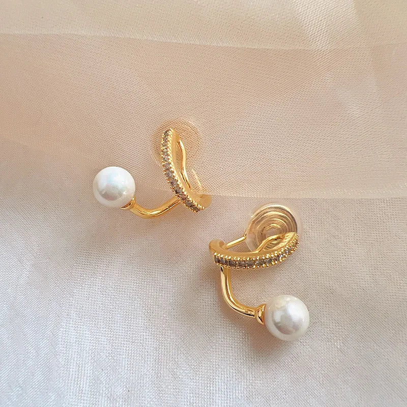 Elegant Pearl Spiral Coil Zircon Alloy Stud & Clip On No Piercing Sweet Luxury Women's Earrings