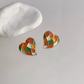 14K Plated Copper Colorblock Plaid Enamel Heart Stud Earrings Korean Sweet Style