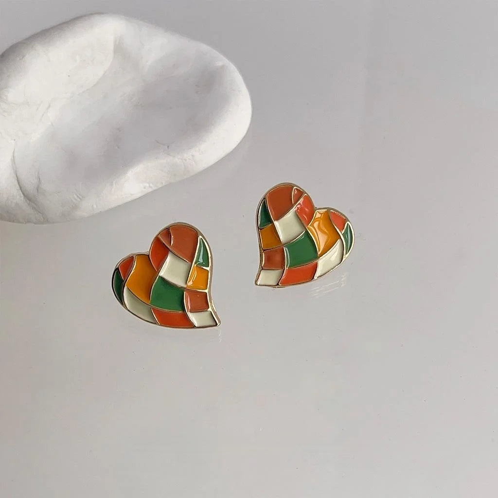 14K Plated Copper Colorblock Plaid Enamel Heart Stud Earrings Korean Sweet Style