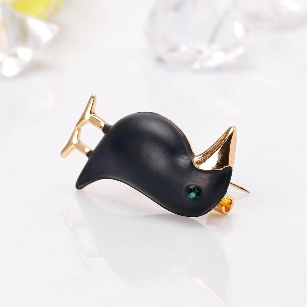Elegant Black Crow Brooch With Gold Tone Alloy Beak And Green Rhinestone Eye, Animal Lapel Pin Suit Accessory Gift