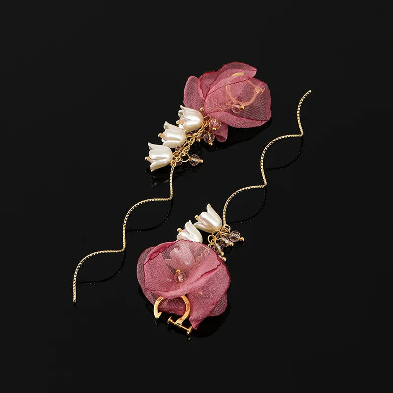 Elegant Pink Flower Pearl Tassel Stud & Clip On No Piercing Long Chain Wind Chime Earrings