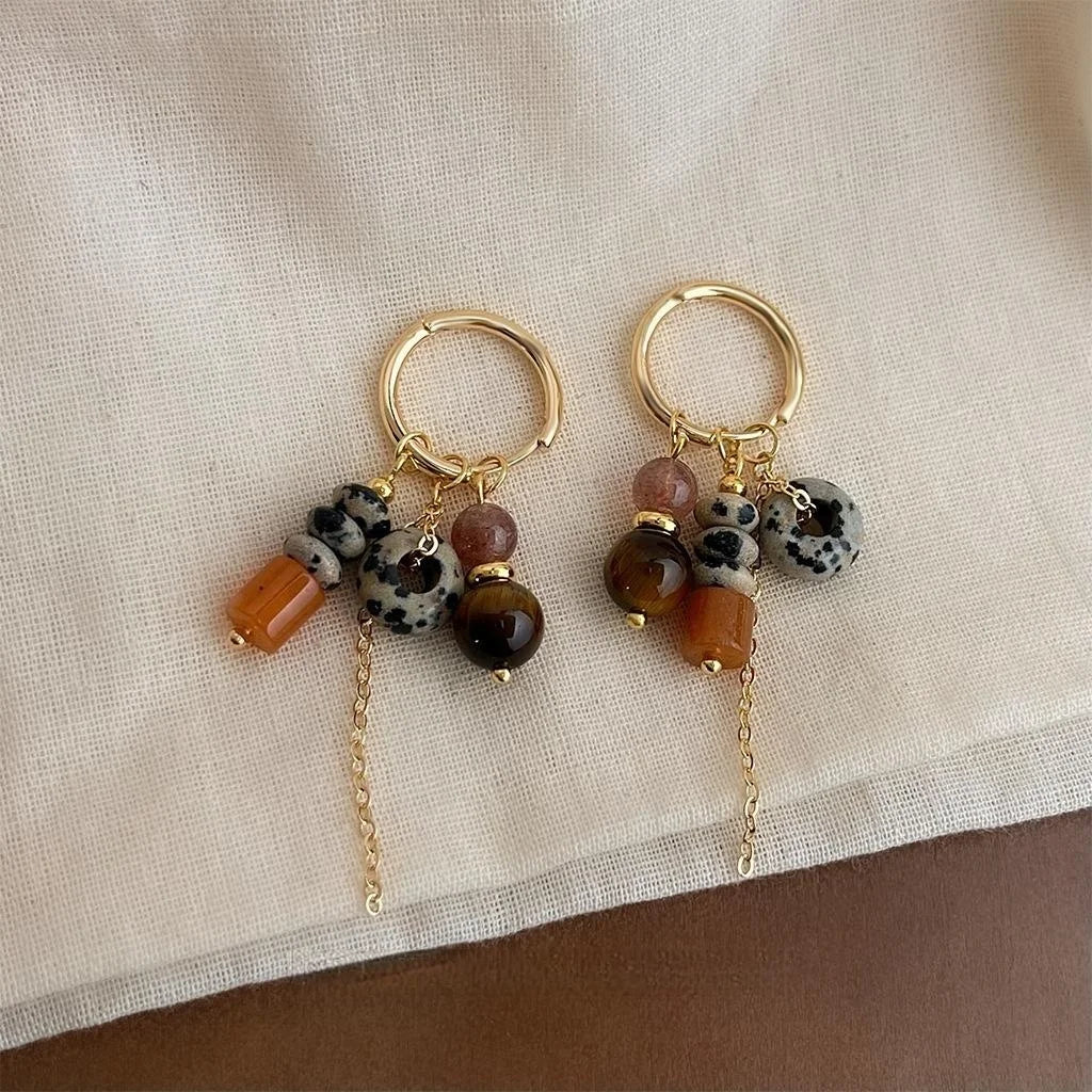 Vintage Ethnic Copper Tiger Eye Spotted Stone Tassel Drop Earrings Handmade Geometric Jewelry