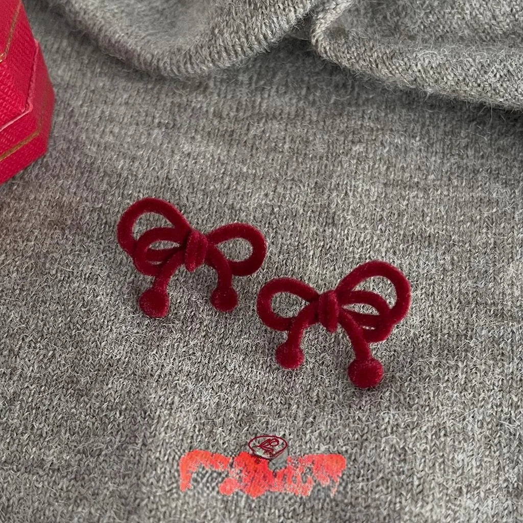 2025 New Burgundy Flocked Bow Geometric Metal Stud Earrings For Women, Hong Kong Retro Commuter Style