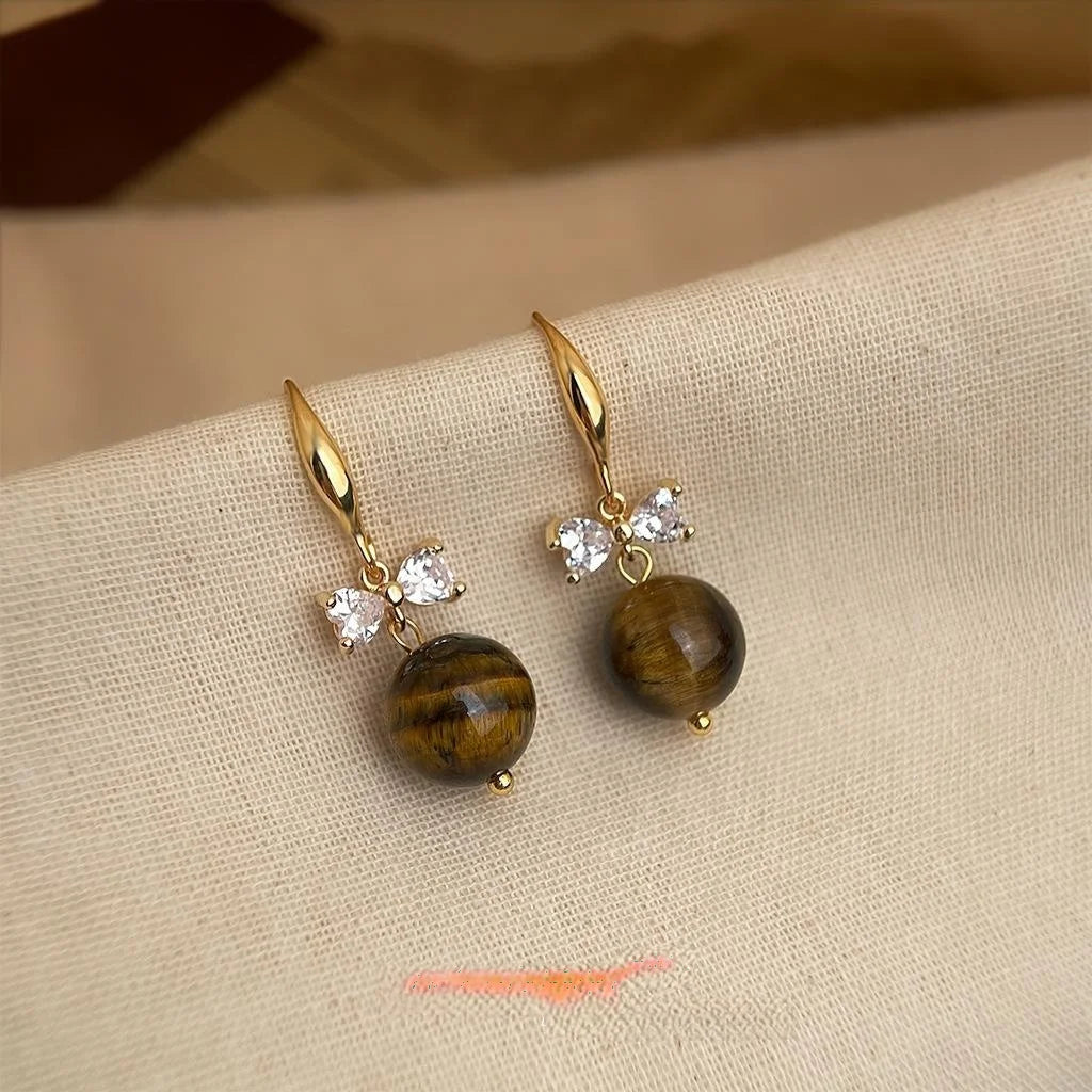 Natural Tiger Eye Stone Bow Drop Earrings Copper Zircon Maillard Style Elegant Jewelry