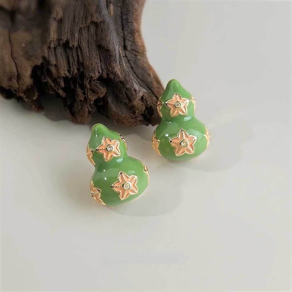 Light Luxury Copper Enamel Drip Glaze Gourd Flower Stud Earrings With Silver Plated Pins