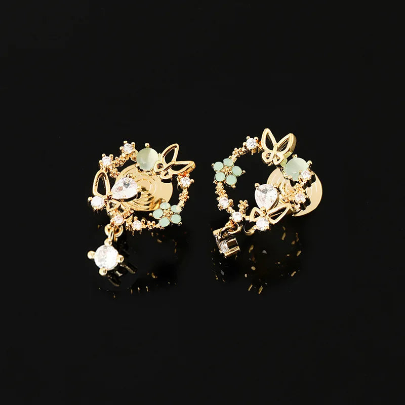 Elegant Green Floral Wreath Butterfly Zircon Alloy Stud & Clip On No Piercing Dangle Earrings