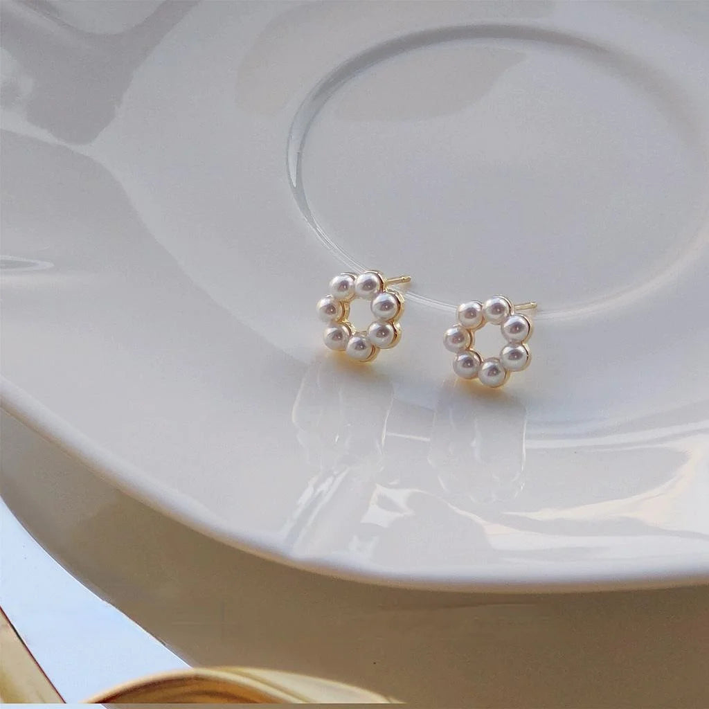 Mini Korean Japanese Round Hollow Pearl Stud Earrings, 14K Plated Copper Geometric Jewelry