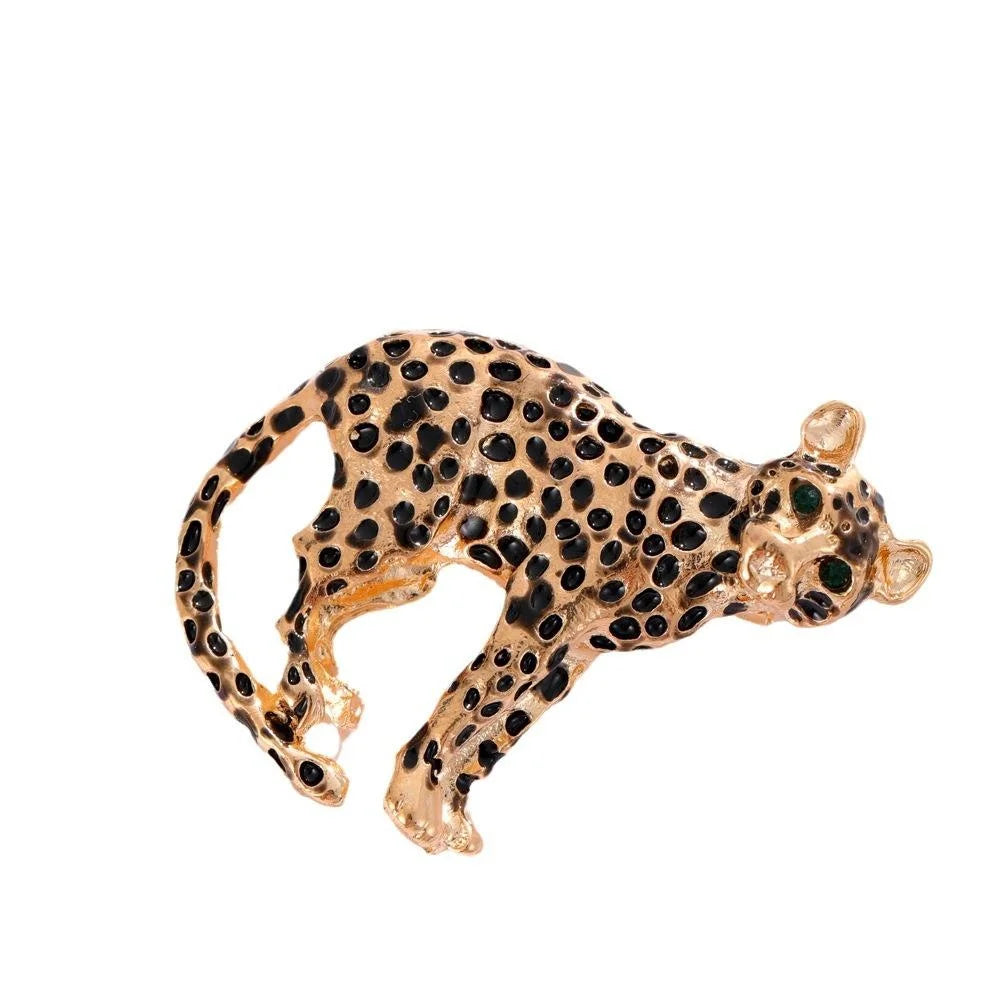 Vintage Gold Plated Alloy Leopard Brooch With Green Eyes, Enamel Animal Lapel Pin Suit Accessory Gift