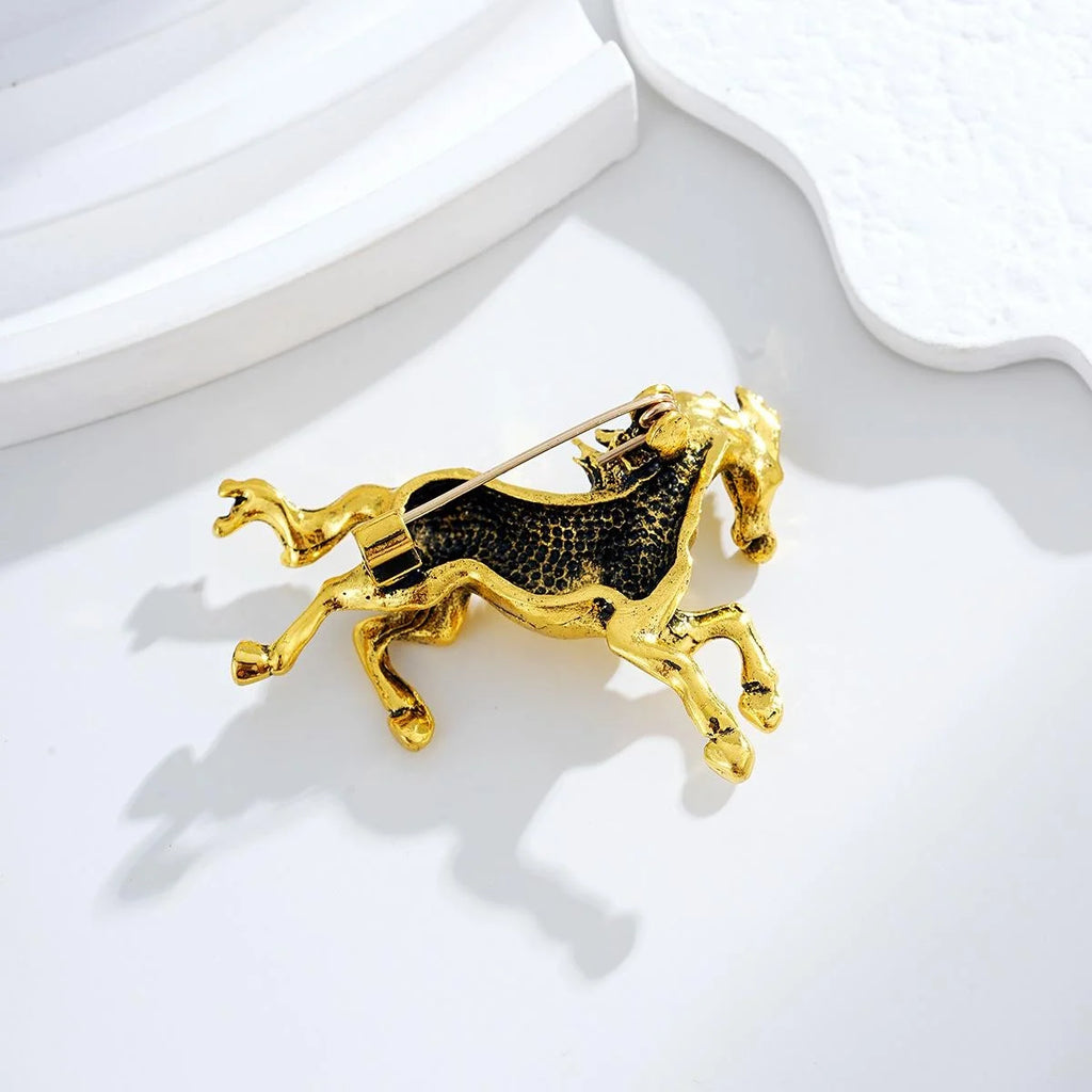 Vintage Gold Tone Alloy Galloping Horse Brooch, Elegant Zodiac Animal Lapel Pin Suit Accessory Gift