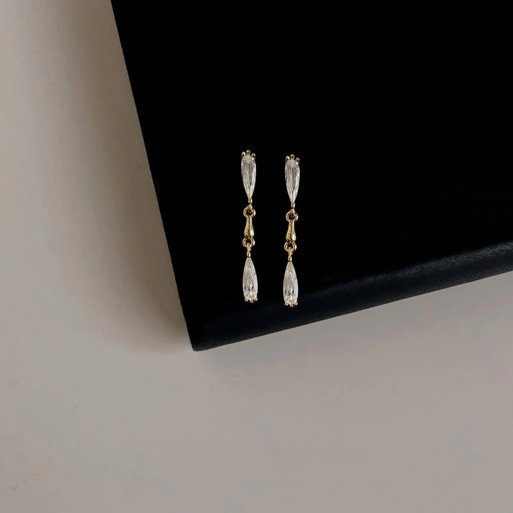 14K Plated Copper Zircon Waterdrop Tassel Stud Earrings Sweet Geometric Line Jewelry