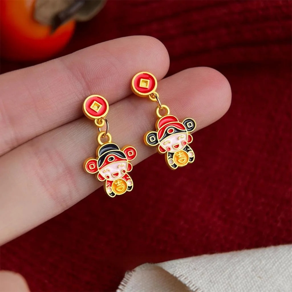 Asymmetric Hand Painted Enamel Copper God Of Wealth Doll Drop Earrings Chinese Ethnic Style
