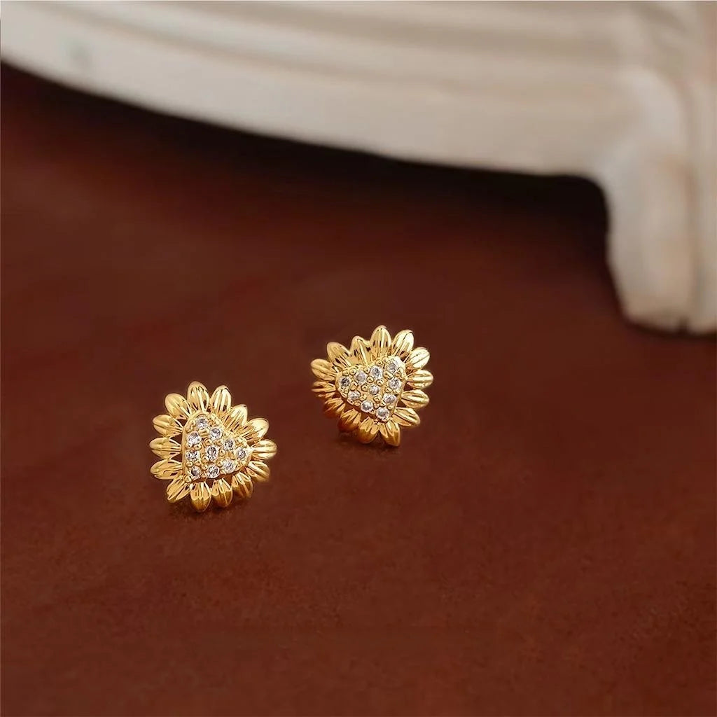 18K Gold Plated Copper Zircon Heart Sunflower Stud Earrings Minimalist Mini Jewelry